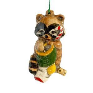 Vintage Raccoon Holding Stocking Ornament Ceramic Christmas